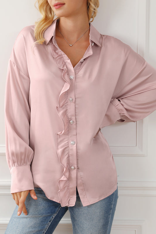 Ruffled Button Up Long Sleeve Shirt Blush Pink