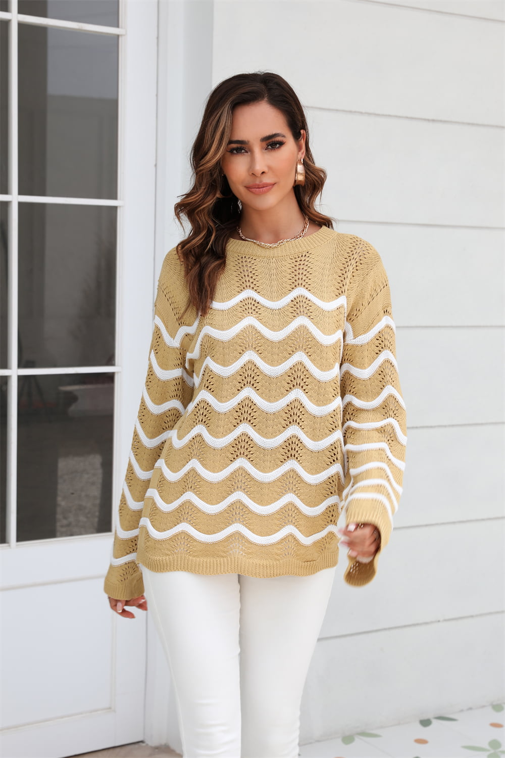 Wave Pattern Round Neck Long Sleeve Sweater Khaki