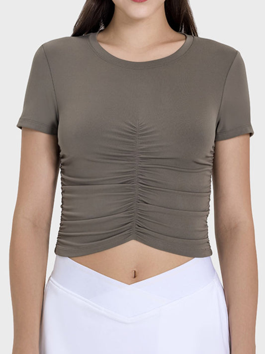 Ruched Round Neck Short Sleeve Active T-Shirt Mocha