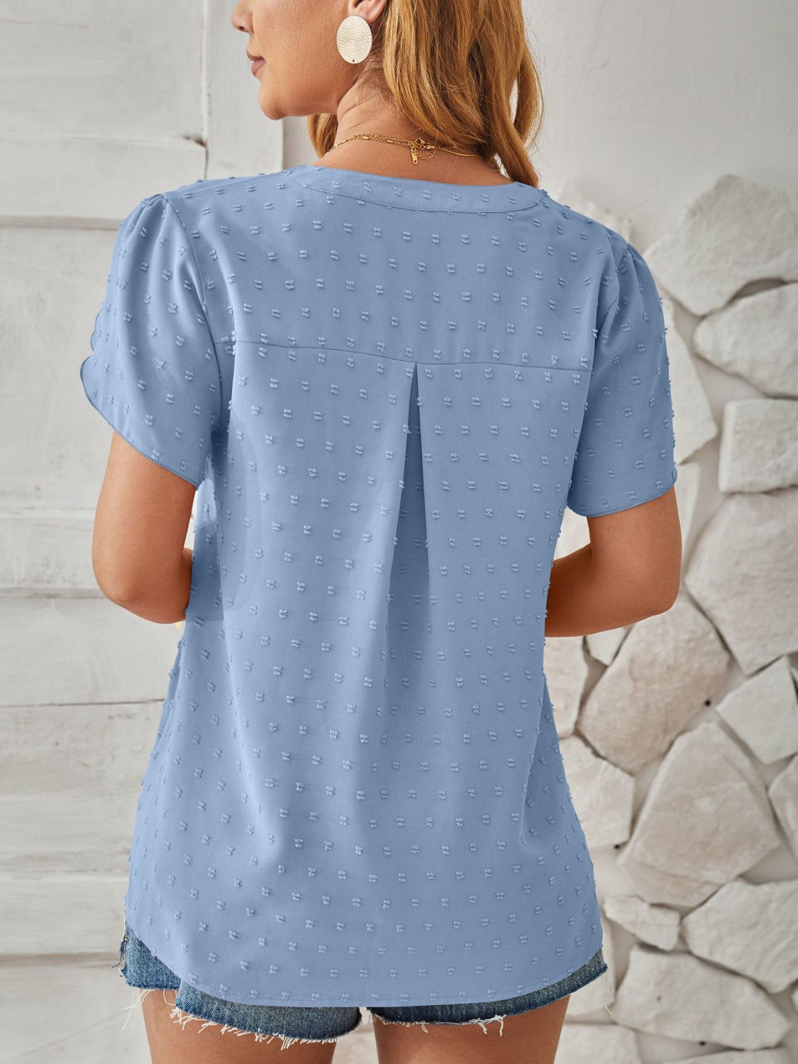 Swiss Dot Notched Petal Sleeve T-Shirt