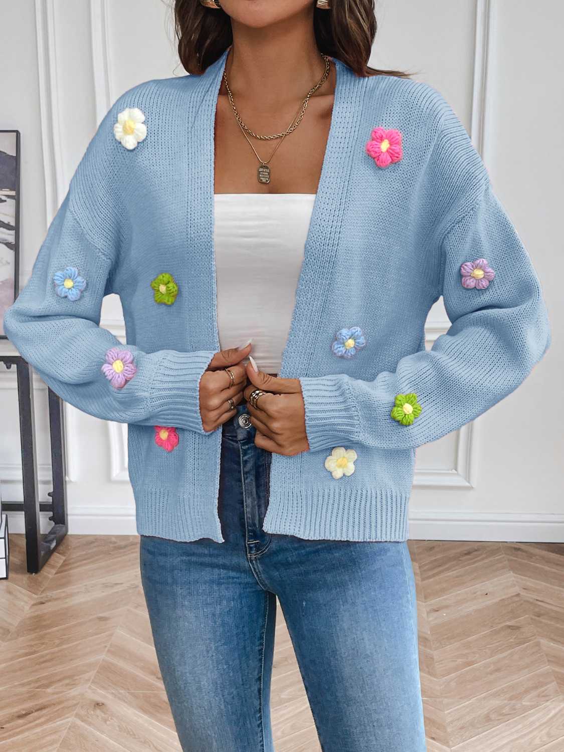 Floral Long Sleeve Open Front Cardigan - Thandynie