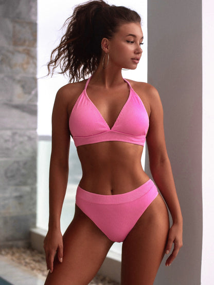 Tied Halter Neck Bikini Set Pink