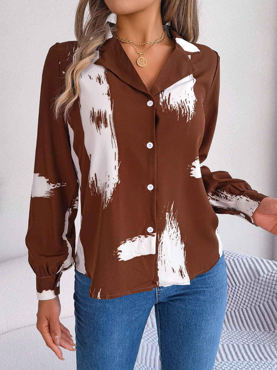 Printed Collared Neck Button Up Shirt Brown