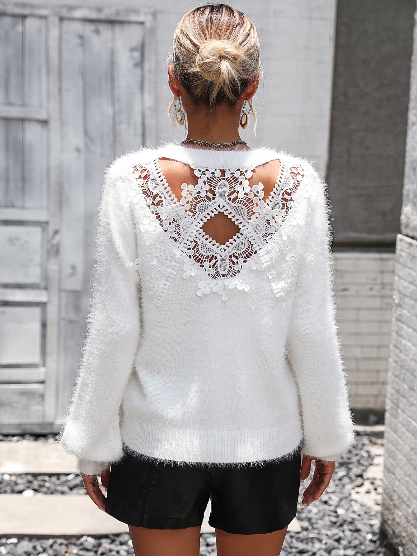 Lace Detail Cutout Long Sleeve Pullover Sweater White