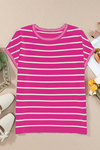 Striped Round Neck Cap Sleeve Knit Top Hot Pink