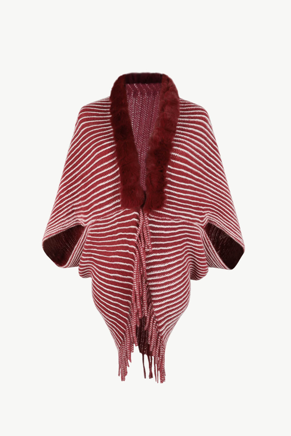 Striped Open Front Fringe Poncho - Thandynie