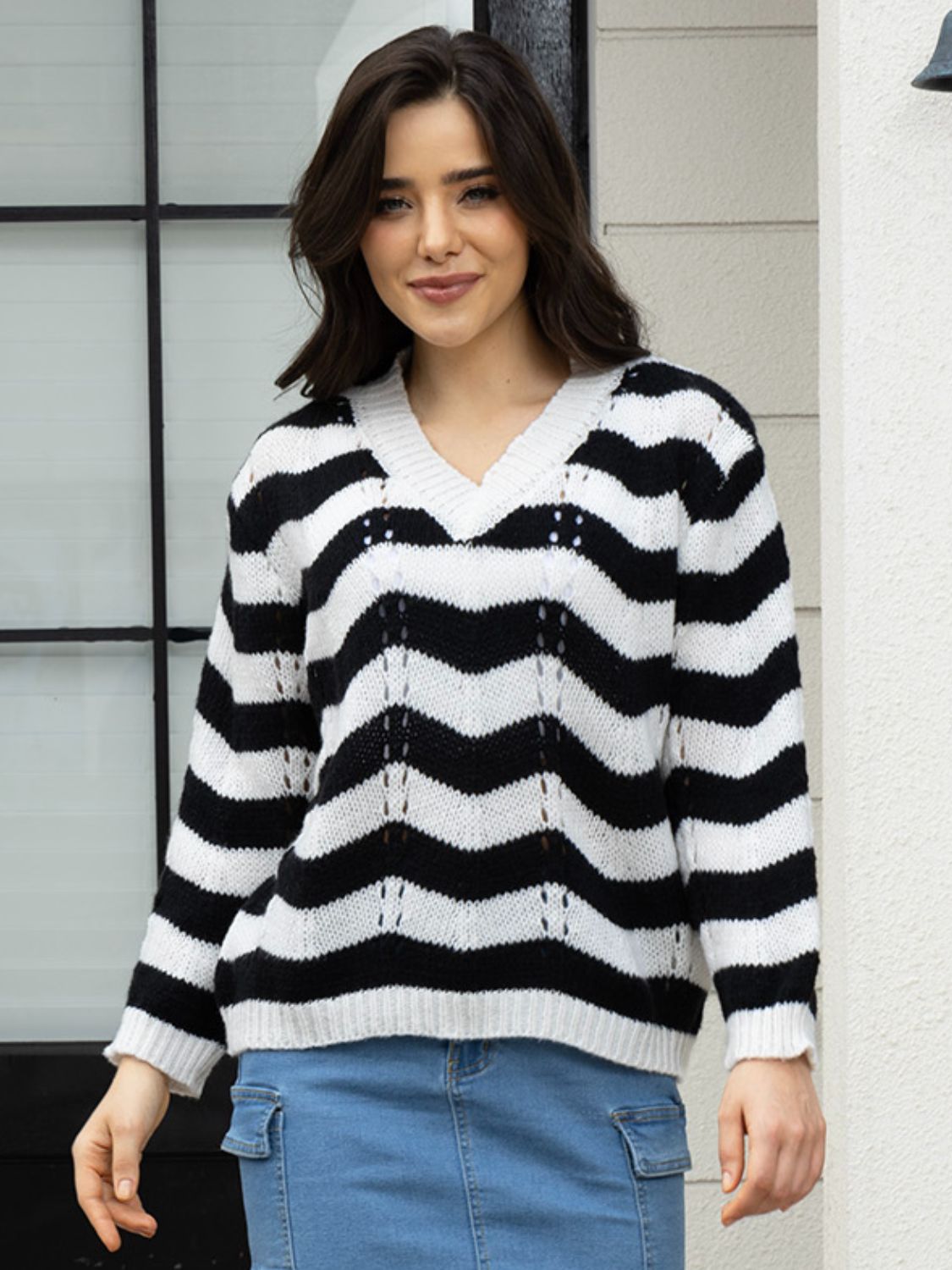 Openwork Striped V-Neck Sweater Black