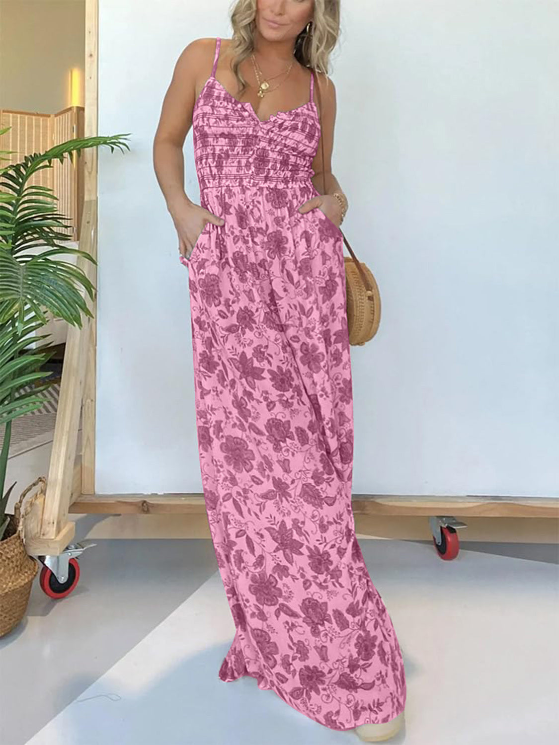 Full Size Printed Spaghetti Strap Wide Leg Jumpsuit Deep Rose