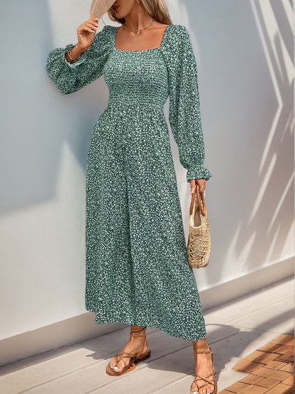 Perfee Smocked Printed Long Sleeve Wide Leg Jumpsuit Turquoise