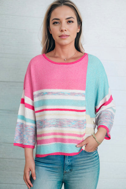 Printed Round Neck Dropped Shoulder Pullover Sweater Multicolor