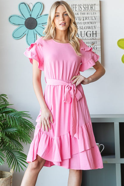 Reborn J Tie Front Ruffled Short Sleeve Dress Pink