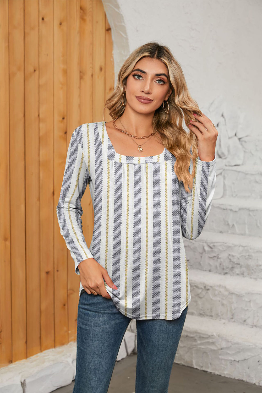 Printed Square Neck Long Sleeve Blouse Stripe