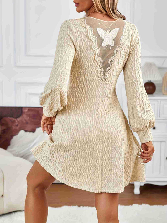 Lace Detail V-Neck Long Sleeve Dress Beige