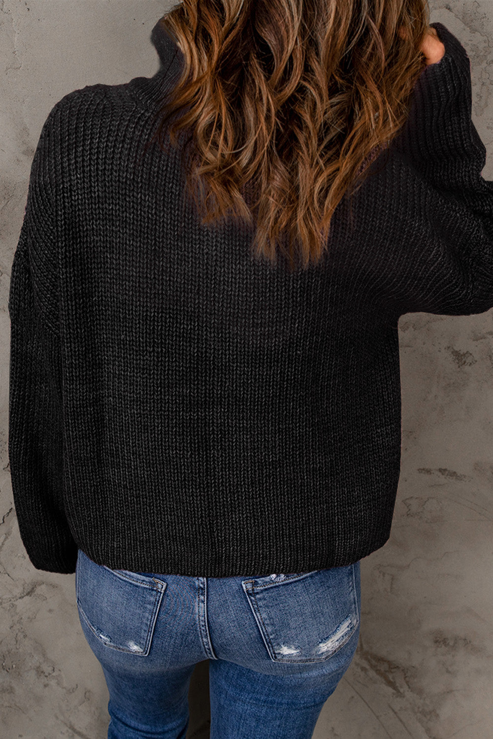 Woven Right Half Zip Rib-Knit Dropped Shoulder Sweater