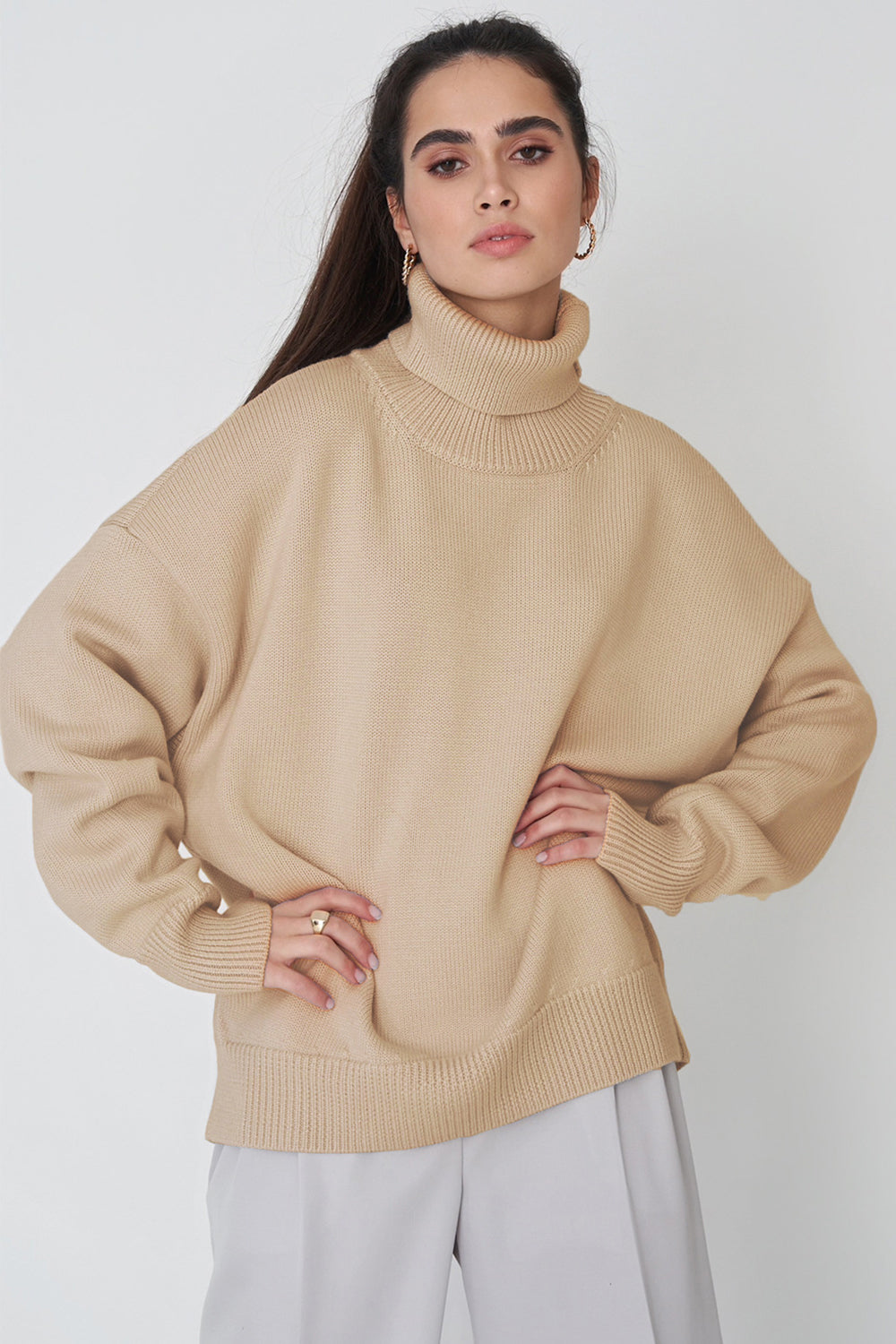 Turtle Neck Dropped Shoulder Sweater Khaki