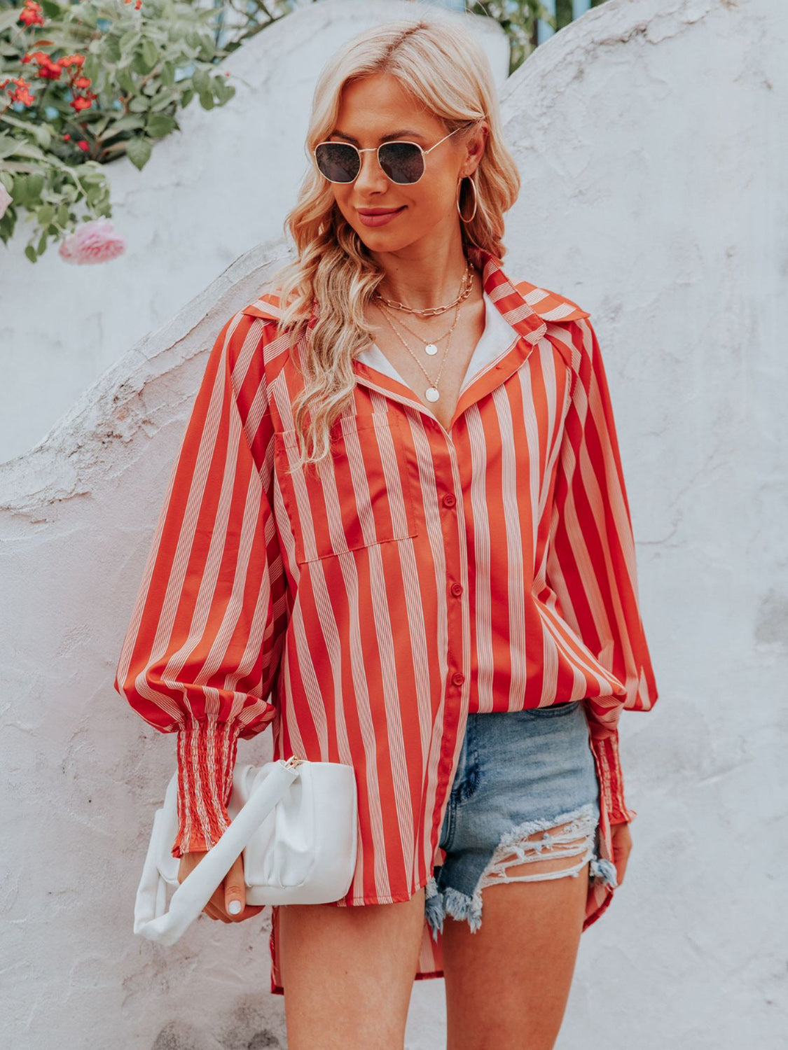 Striped Collared Neck Lantern Sleeve Shirt Orange