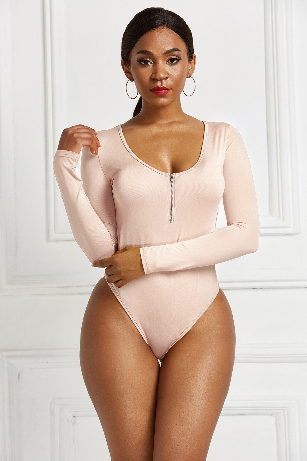 Half Zip Scoop Neck Long Sleeve Bodysuit - Thandynie