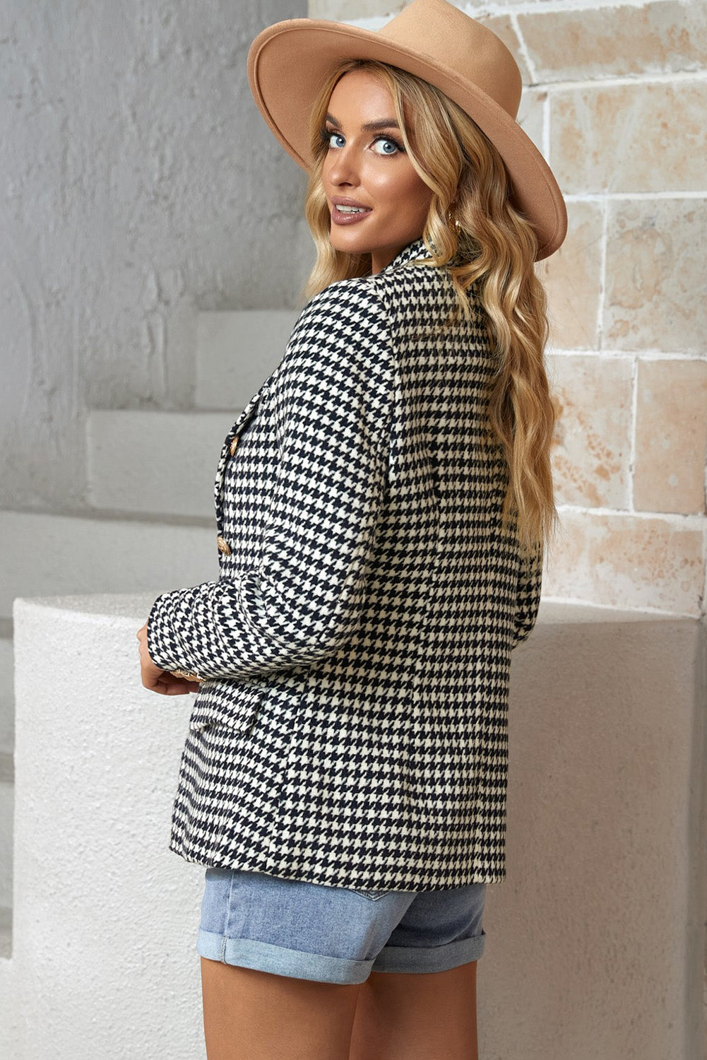 Houndstooth Double-Breasted Blazer - Thandynie