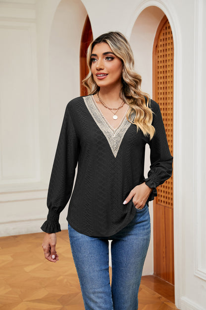 Contrast Flounce Sleeve Blouse Black