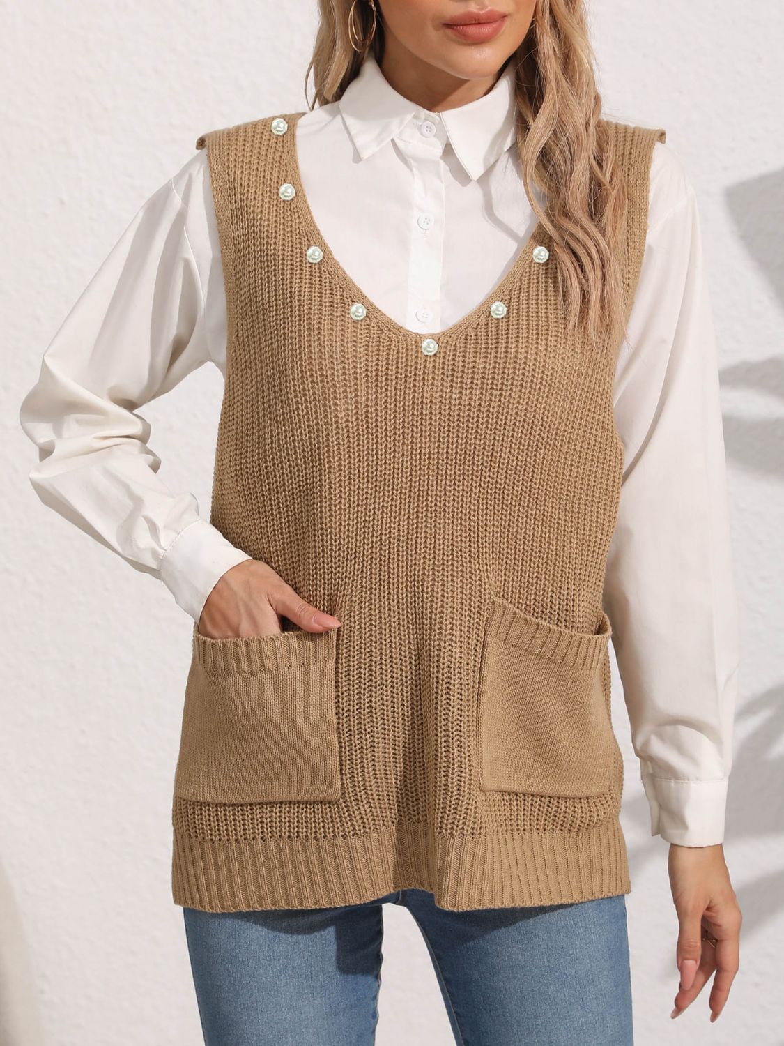 Slit V-Neck Sweater Vest Camel One Size