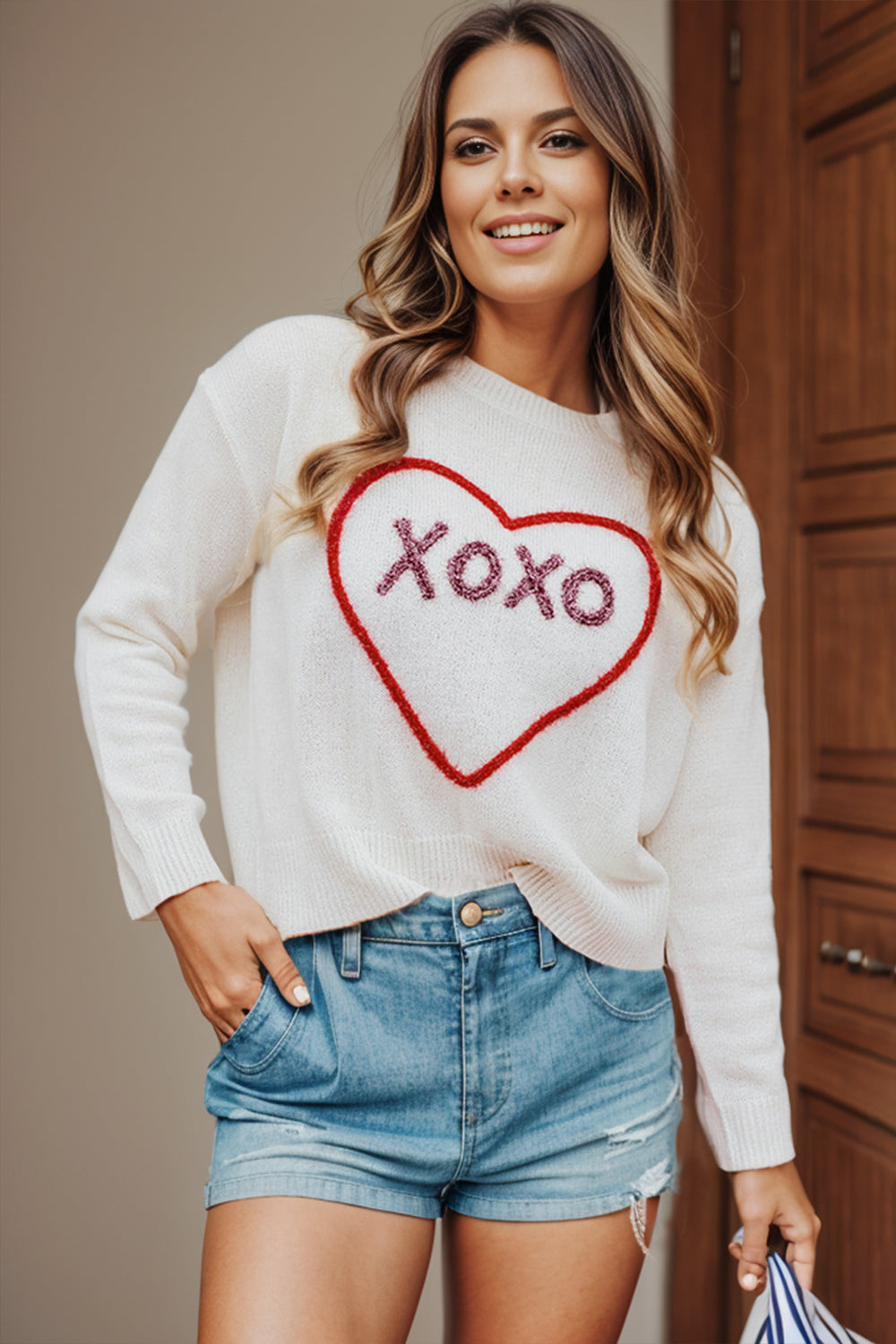 XOXO Heart Round Neck Dropped Shoulder Sweater White