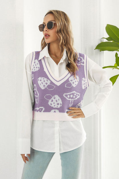 Printed Plunge Neck Sweater Vest Lavender