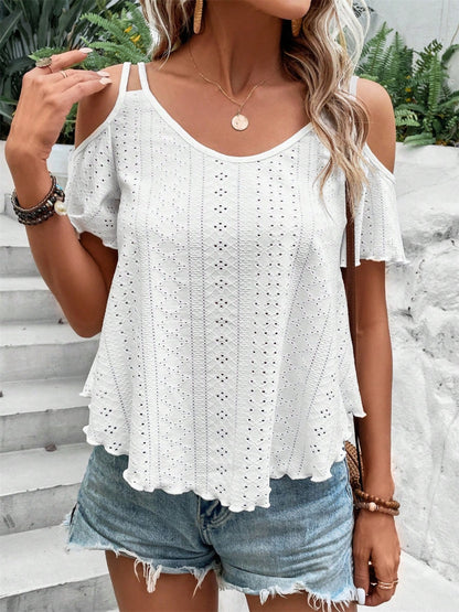 Eyelet Cold Shoulder Short Sleeve Blouse White