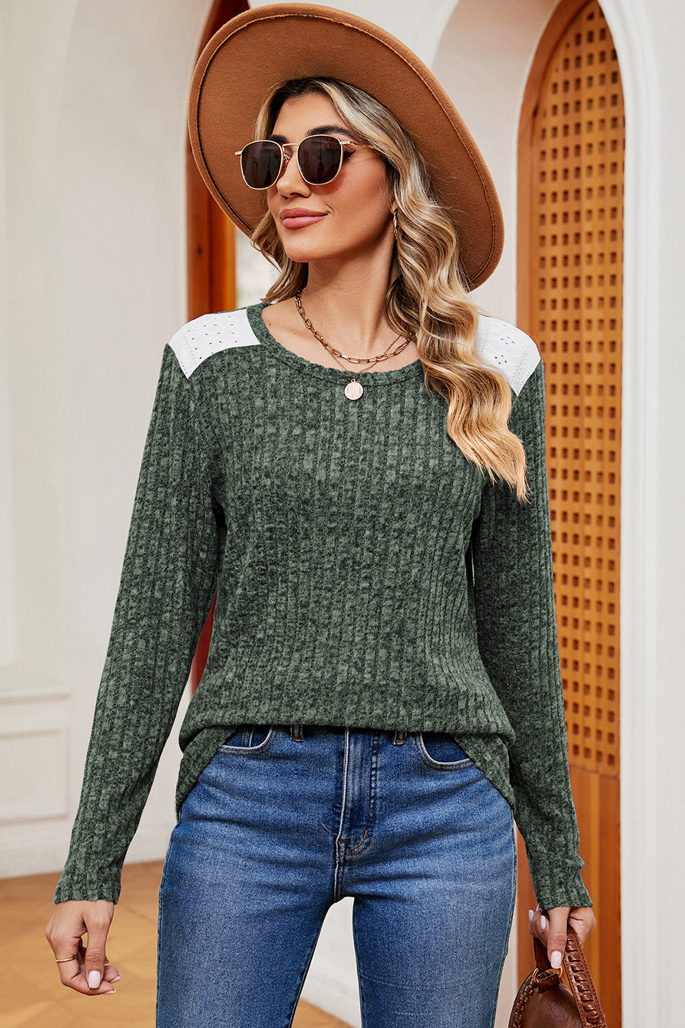 Eyelet Ribbed Round Neck Long Sleeve T-Shirt Matcha Green