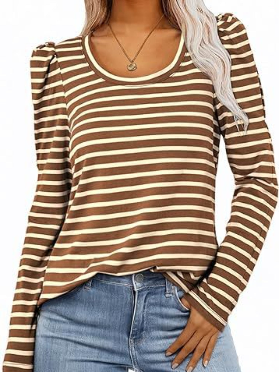 Striped Round Neck Long Sleeve T-Shirt Camel