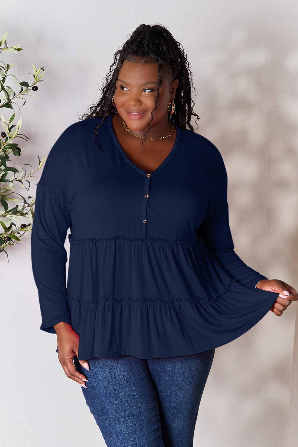 Double Take Half Button Long Sleeve Ruffle Hem Blouse Dark Blue