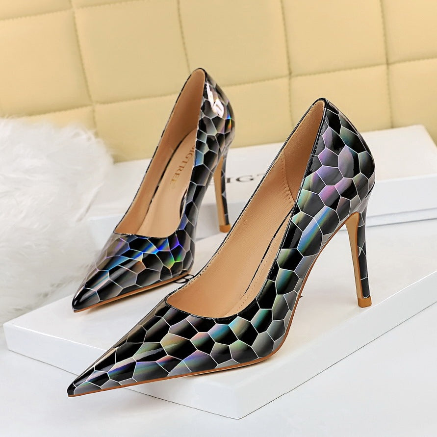 Sexy Stiletto Pumps with Pointed Toe and Metal Stone Pattern High Heels Black