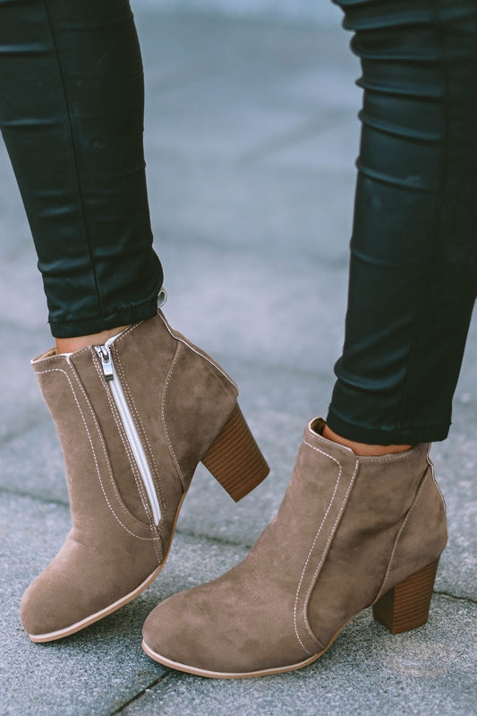 Faux Suede Size Zip Heeled Booties Beige 95%PU+5%Alloy