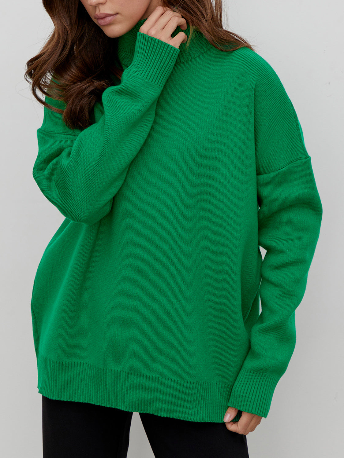 Mock Neck Dropped Shoulder Sweater Dark Green One Size