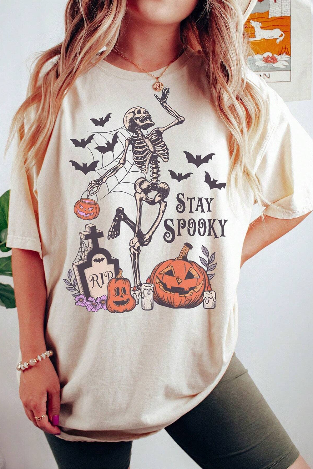 White Skull Pumpkin Face STAY SPOOKY Graphic Halloween T Shirt White 62%Polyester+32%Cotton+6%Elastane