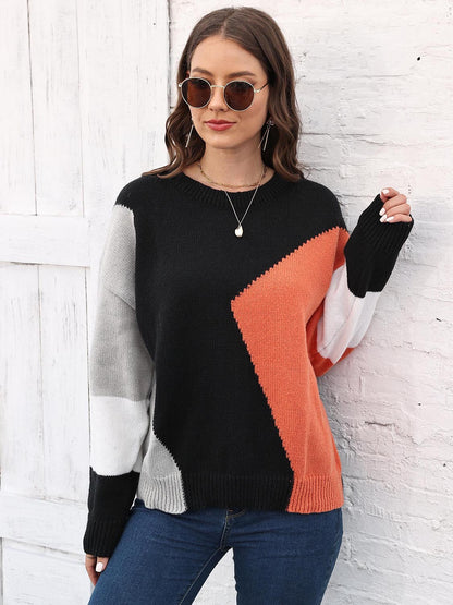 Color Block Round Neck Sweater Black One Size