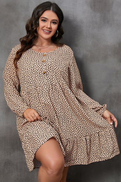 Brown Leopard Spotted Print Tiered Long Sleeve Plus Size Dress Brown 100%Polyester