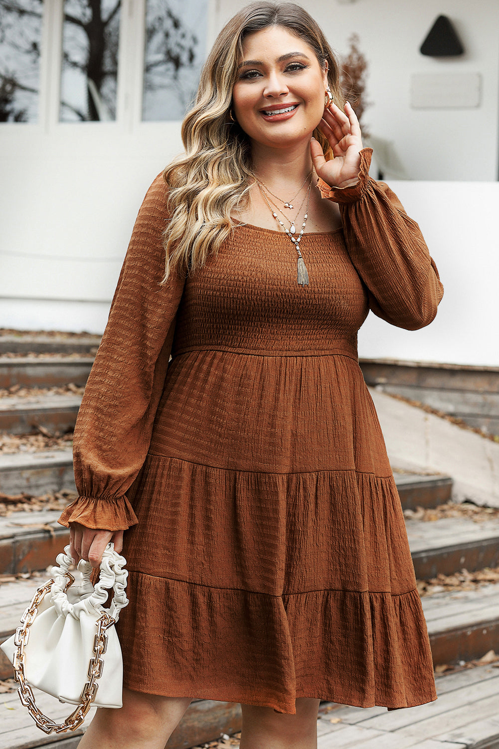 Chestnut Plus Size Smocked Ruffled Sleeve Tiered Mini Dress