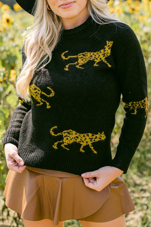 Animal Print Round Neck Sweater Black