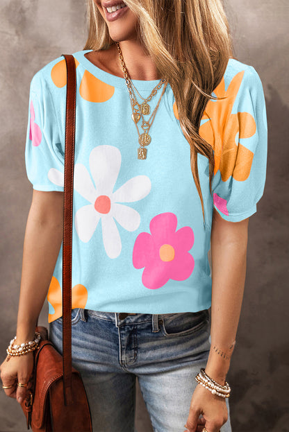 Flower Round Neck Short Sleeve Blouse Aqua