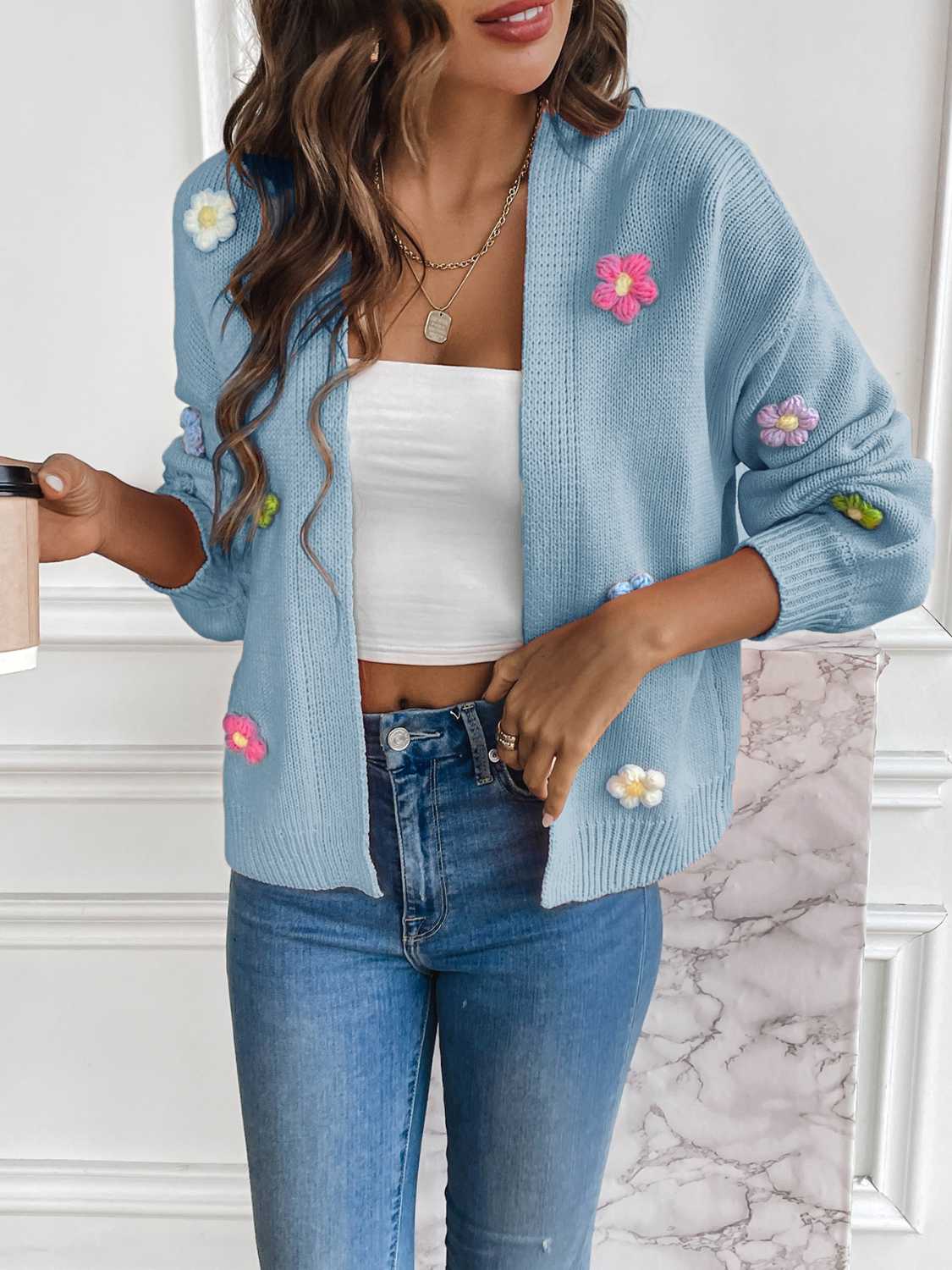 Floral Long Sleeve Open Front Cardigan Light Blue