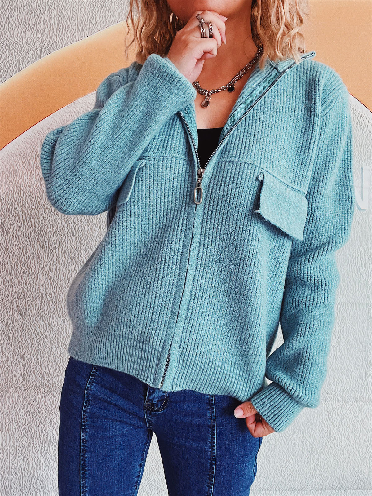 Zip Up Collared Neck Long Sleeve Cardigan Pastel Blue One Size