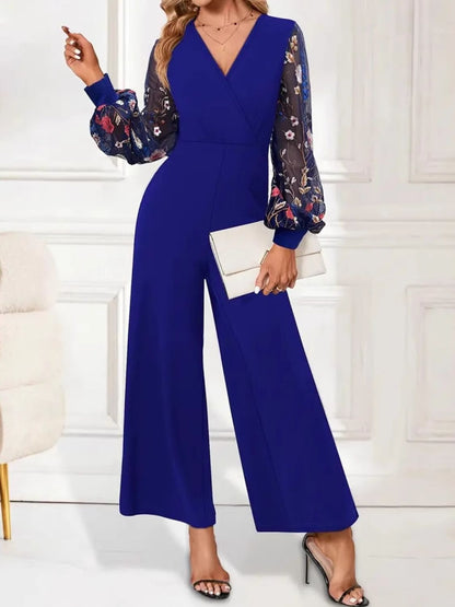 Surplice Embroidered Long Sleeve Wide Leg Jumpsuit Dark Blue