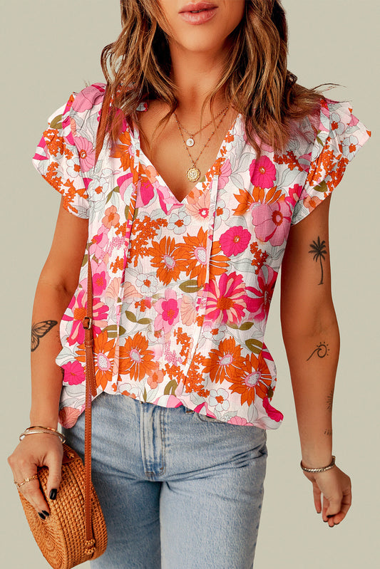 Floral Tie Neck Flutter Sleeve Blouse Floral