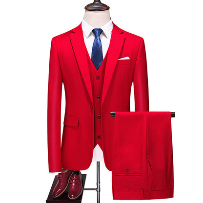 Men's Three-Piece Solid Color Suit for Evening Events, Banquets, or Weddings. Bright Red