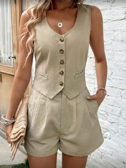 Scoop Neck Sleeveless Top and Shorts Set Khaki