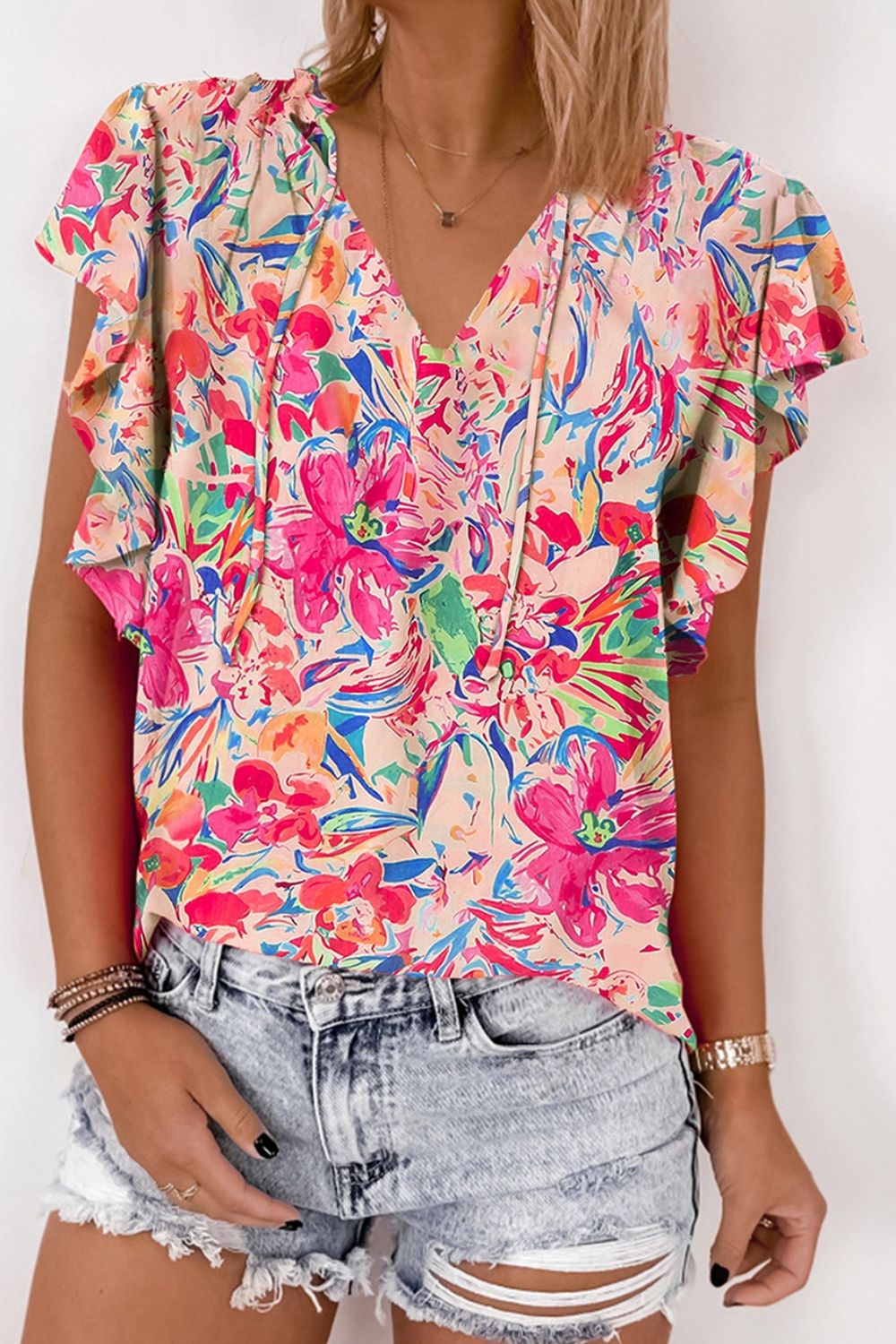 Ruffled Printed Tie Neck Cap Sleeve Blouse Floral