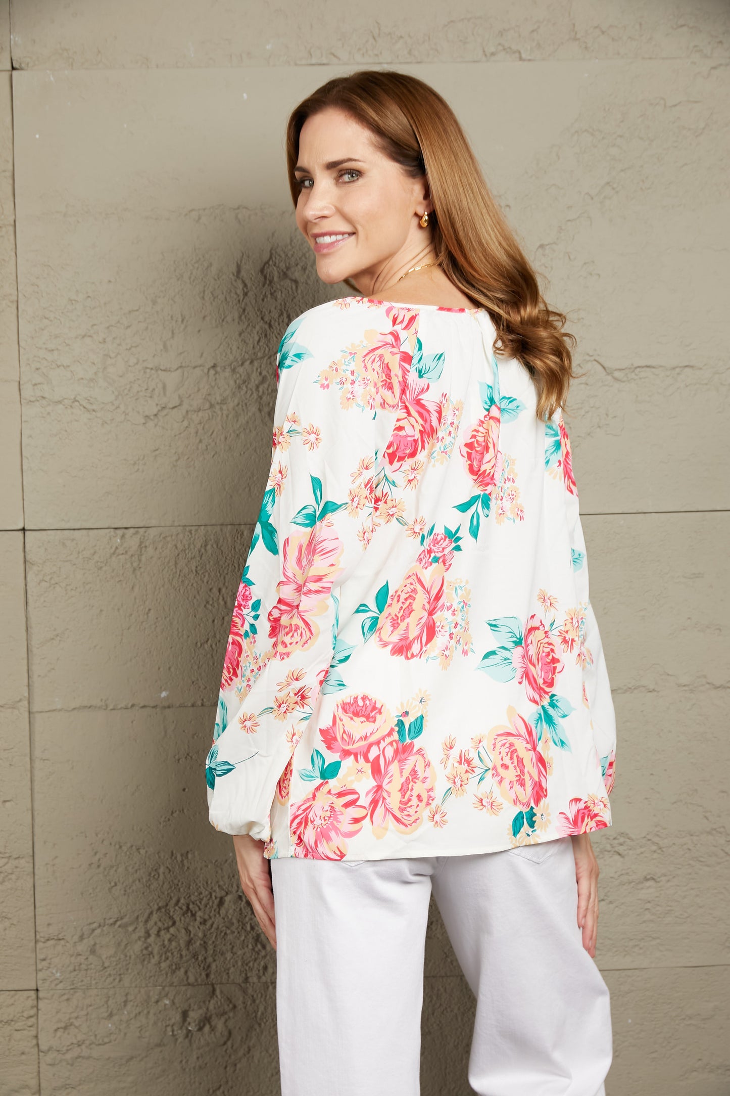 Double Take Floral Notched Neck Long Sleeve Blouse