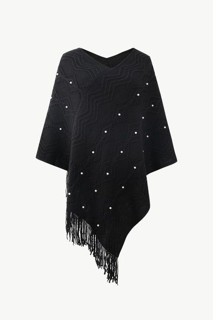 Pearl Trim V-Neck Fringe Hem Poncho Black One Size