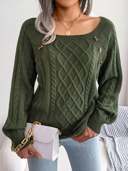 Decorative Button Cable-Knit Sweater Army Green