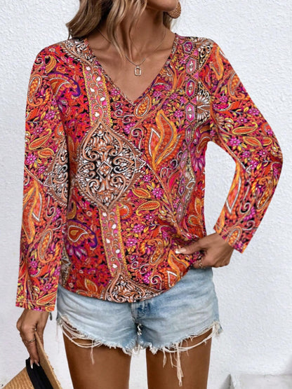 Printed V-Neck Long Sleeve Blouse Burgundy